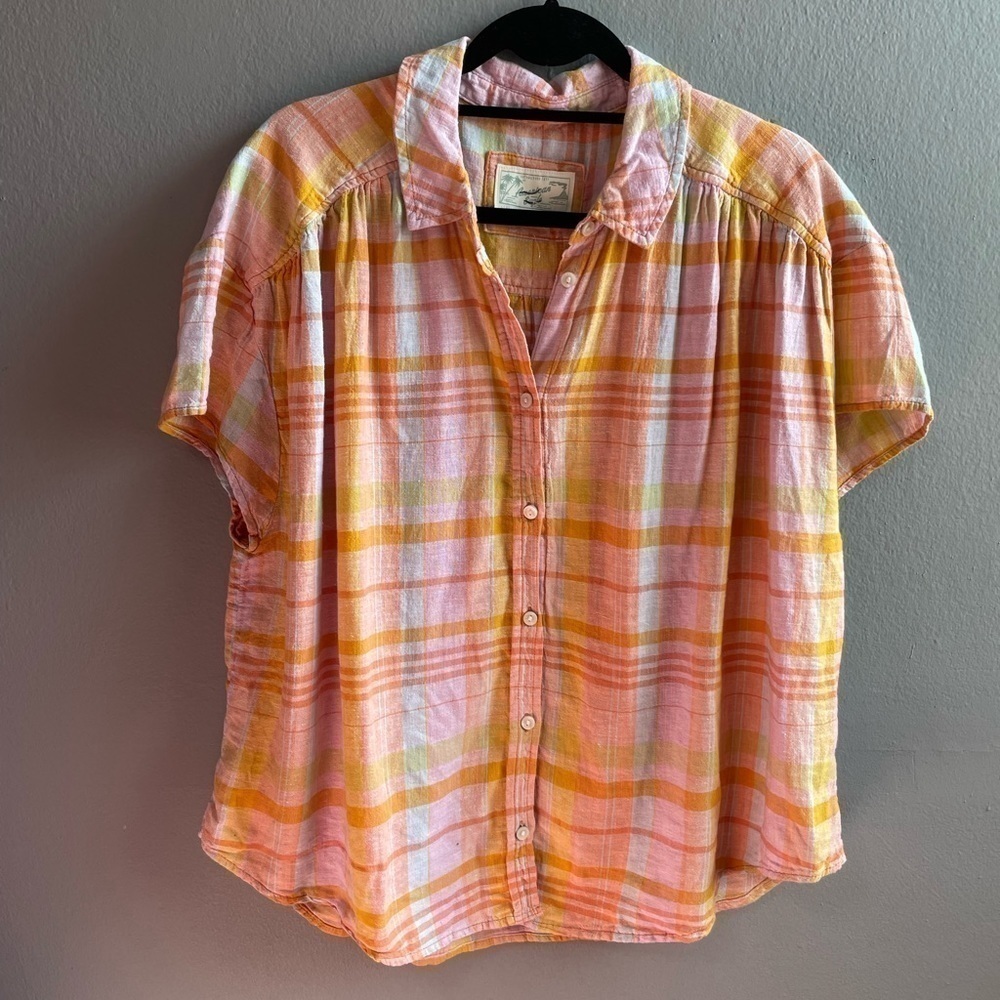 NWOT American Eagle linen oversized plaid beach resort top. Size Medium.